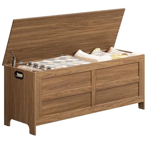 MAHANCRIS Storage Chest, 47.2” Large Toy Chest, Entryway Storage Trunk, Storage Bench with Safety Hinge, Entrance Bench for Living Room, Entrance, Bedroom, Honey Brown SCOR48901 9
