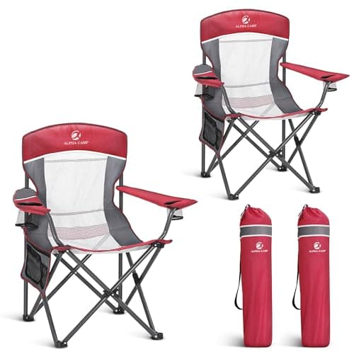 LET'S CAMP 2 Pack Mesh Back Camping Chair Portable Folding Heavy Duty Outdoor Chair Support 330 LBS Durable Large Arm Chair with Cup Holder and Carry Bag for Camp, Fishing, Hiking, Red