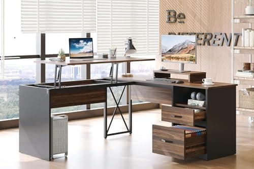 Bestier L Shaped Standing Desk with Lift Top, 55" x 55" Standing Corner Desk for Home Office, Computer Desk with Reversible File Drawer and Monitor Stand, Walnut