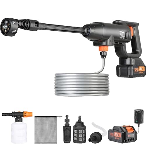 VEVOR Cordless Pressure Washer, 580-PSI 1.1 GPM Portable Power Cleaner, Handheld High-Pressure Car Washer Gun with 4.0Ah Battery, Charger, 6-in-1 Nozzle, for Home/Floor Cleaning & Watering