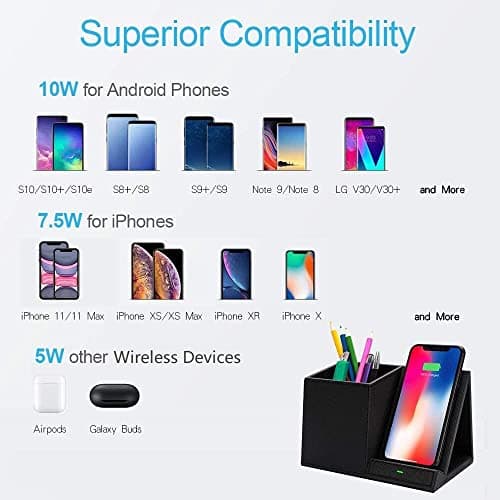 COSOOS Fast Wireless Charger with Desk Organizer, Desk Phone Charger Compatible with 15/15 Pro/15 Pro Max/14/13/12/11/XS/8 Plus, Galaxy S21/S20+/S10/Note 10/Note 9/(No AC Adapter) 6