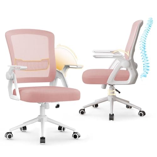 naspaluro Office Computer Desk Chair Ergonomic Mesh Flip-Up Arms Comfy Chair with Mid Back Cushion Lumbar Support Adjustable Height Tilt Swivel Chair for Home Bedroom Study Working, Pink