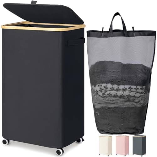 Goodpick Laundry Basket with Wheels, 100L Rolling Laundry Hamper with Lid Clothes Hampers with Removable Wash Bag Large Clothes Basket for Bedroom, Bathroom, Black