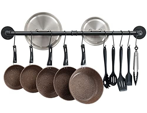 OROPY 38 inch Pot Bar Rack Wall Mounted Detachable Pans Hanging Rail Kitchen Lids Utensils Hanger with 14 S Hooks Black