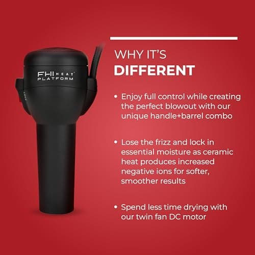 FHI Heat Platform Blow Out Handle-Less Negative Ion Hair Dryer — Lightweight Blow Dryer w/ HydraHeat for Frizz-Free Styles — Hairdryer with Diffuser Attachment, Nozzle, Comb — Handleless Hair Dryer 5