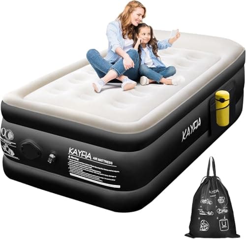 Twin Air Mattress with Built-in Rechargeable Pump Quick Set up Inflatable Mattress under 3 Mins for Camping & Portable Travel Blow up Bed Leak-free Luxury 18" Flocked Air Bed with Raised Pillow, Black