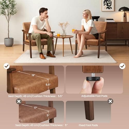 Yaheetech PU Leather Accent Chair, Mid-Century Modern Armchair with Solid Wood Legs, Reading Leisure Chair with High Back for Living Room Bedroom Waiting Room, Set of 2, Brown 6