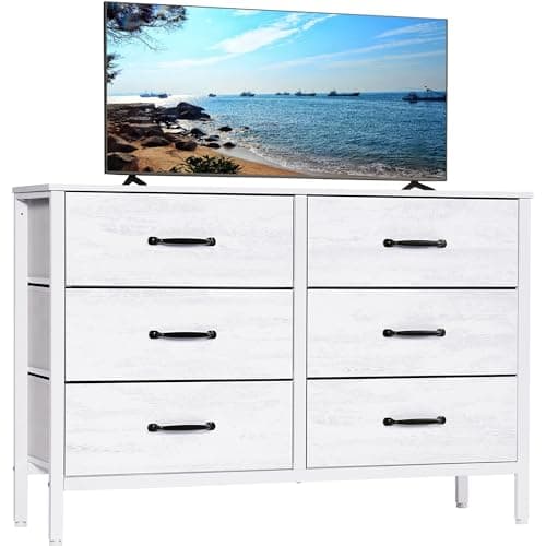 LYNCOHOME White Dresser with 6 Drawers, Wide Dresser for Bedroom and 50" TV, Entertainment Center with Metal Frame, Wooden Top, Fabric Drawers for Bedroom, Hallway, Entryway, White