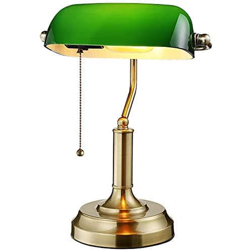 TORCHSTAR Green Glass Bankers Desk Lamp, Antique Desk Lamps with Brass Base, Traditional Library Lamp with Pull Chain, E26 Base, Vintage Desk Lamp for Office, Study Room