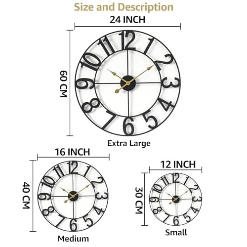 Sorbus Large Wall Clock for Living Room Decor - Wall Clock for Kitchen - 24 inch Big Wall Clock Decorative - Metal Wall Art - Analog Large Clock for Bedroom, Home, Kitchen, Office, Wall Decor (Black) 8