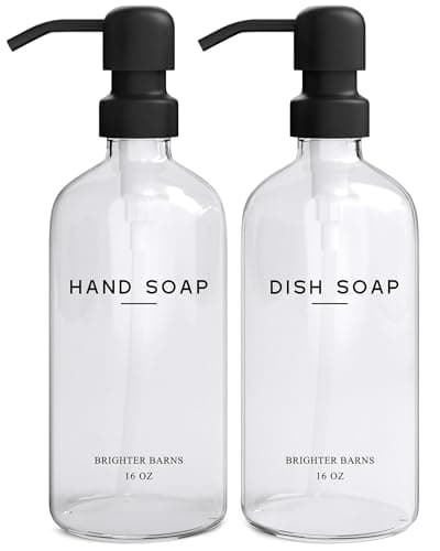 Clear Glass Hand and Dish Soap Dispenser Set by Brighter Barns - Kitchen Soap Dispenser Set & Pump - Glass Bottles for Kitchen Sink - Neutral Home Decor, Modern Farmhouse Bathroom Accessories (Clear)