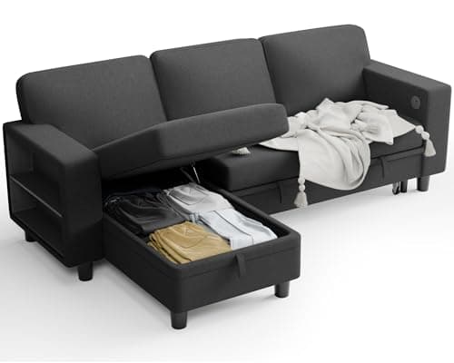 JUMMICO 80″ Sleeper Sofa Bed, L Shaped Sectional Convertible Couch with Storage Chaise, USB Charging Ports & 2 Built-in Bookshelves, Pull Out Couch for Living Room (Fabric, Grey) 7