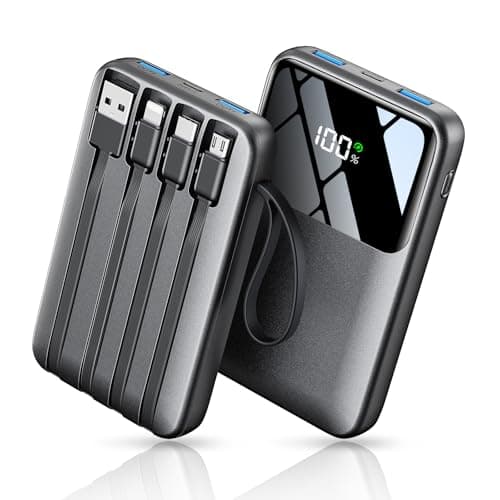 Power Bank, 15000mAh Portable Charger with Built in Cable, 22.5W Fast Charging, 6 Outputs, Slim Travel Essential Battery Pack with LED Display, Compatible with iPhone 17/16/15/14/13, iPad Black