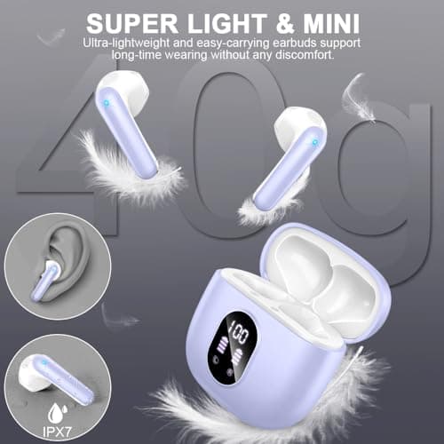 Wireless Earbuds, Bluetooth 5.4 Headphones 50H Playback Bass Stereo Ear Buds with 4 ENC Cancelling Mics, Bluetooth Earbuds Dual LED Display IP7 Waterproof in-Ear Earphones USB-C for Android iOS Purple 7