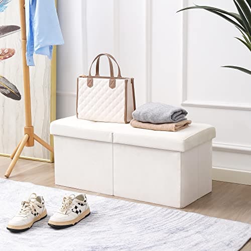 CUYOCA Storage Ottoman Bench Foldable Seat Footrest Shoe Bench End of Bed Storage with Flipping Lid, 75L Storage Space, 30 inches Velvet Cream 5