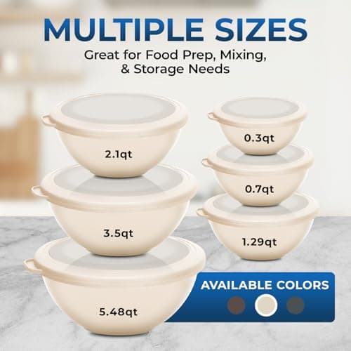 Bakken Master 12 Piece Plastic Nesting Bowls with Lids - Mixing Bowls Set includes 6 Prep Bowls and 6 Lids, BPA-Free, Reusable Meal Prep Containers, Microwave, Freezer & Dishwasher Safe, White Cream 6