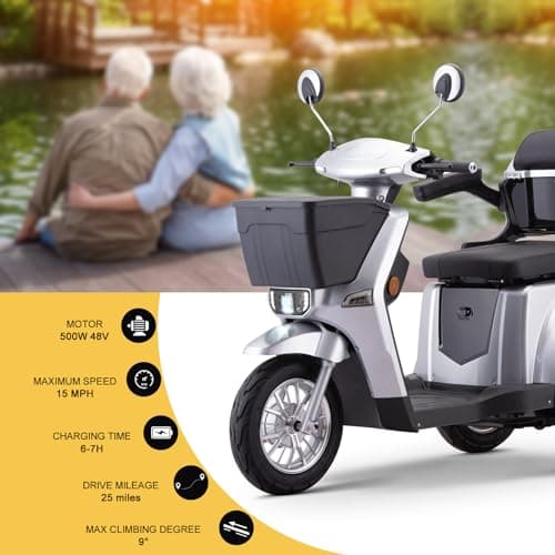 SKRT Large 3 Wheels Mobility Scooter, Electric Heavy Duty Wheelchair(XW-E07), 400 LBS Capacity for Seniors & Adults, 3-Gears Speeds, 2 Storage Baskets, Seat Extension, No Assemble Required (Silver) 5