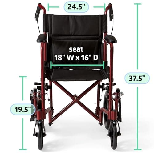 Medline Lightweight Foldable Transport Wheelchair with Handbrakes and 12-Inch Wheels, Red Frame, Black Upholstery 6