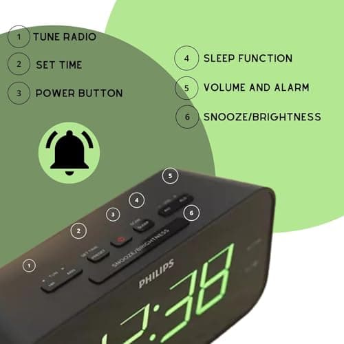 Philips Digital Alarm Clock Radio, FM Radio Alarm Clocks for Bedrooms, Dual Alarm Clock Radios for Bedroom with Battery Backup, Sleep Timer Function, Easy Snooze and Large LED Display - Black 8