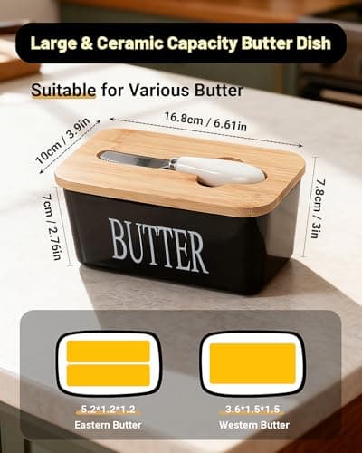 GVUHR Ceramic Butter Dish with Lid And Knife，Airtight Butter Crock with Lid for Countertop，Premium Large Butter Container for Refrigerator，Butter Tray for Butter Storage (Black) 5