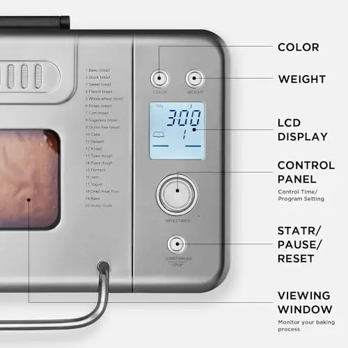 Neretva Bread Maker, 20-IN-1 2LB Bread Machine Dual Heater Bread Maker Machine Automatic with Nonstick Ceramic Pan, 15H Timer & 1H Keep Warm Set, Low Noise, Stainless Steel Breadmaker Recipe-Silver 7