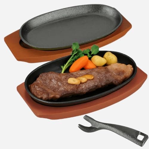 JapanBargain, Set of 2 Cast Iron Sizzling Plates with Wooden Bases – Steak & Fajita Serving Platters – Pre-Seasoned Grill, Oven, Induction Safe – 9.5" x 5.5" Plates, Home or Restaurant Use
