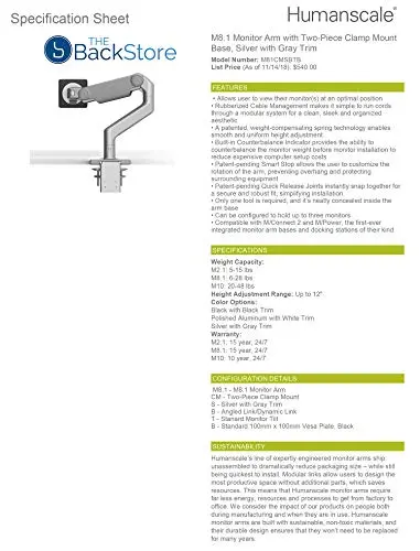 Humanscale M8.1 Adjustable Monitor Arm with Two Piece Clamp Mount and Base - Silver M81CMSBTB 6
