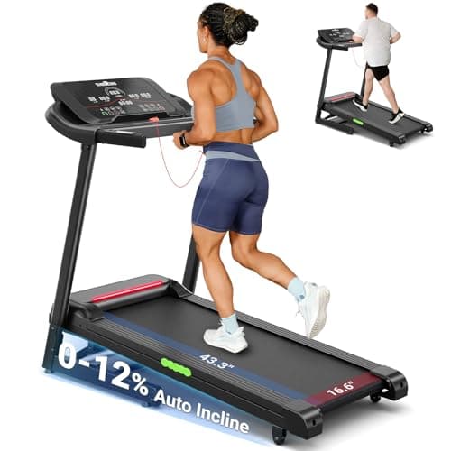 THERUN Home Treadmill with Incline 12% Auto Adjust, 3.0 HP Treadmill with LED Strip, Heart Rate Monitoring,16.5" Wider Running Belt, Green