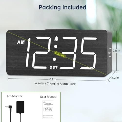 DreamSky Wooden Digital Alarm Clock with Wireless Charging for Bedroom, Bedside Nightstand Clock with Charger Station, USB Port, Large Numbers, Adjustable Volume, Brightness Dimmer, DST 8