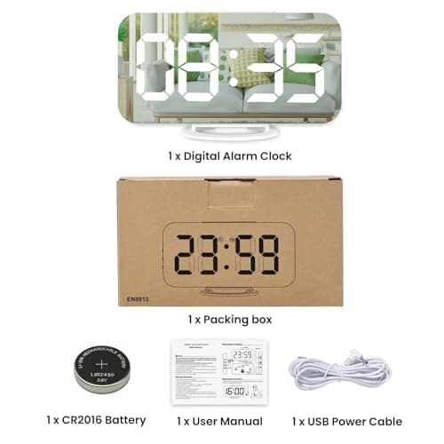 Muoigoe Digital Alarm Clock,Large Display LED And Mirror Desk Clock With Dual USB Charger Ports, 3 Levels Brightness,12/24H Alarm Clocks, Modern Electronic Clock for Bedroom Living Room Office - White 8