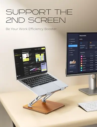 Niweya Ergonomic Laptop Stand, Wood & Aluminum Computer Stand with Adjustable Angle, Foldable Dual-Bar Laptop Riser Holder Stand for Desk, Compatible with MacBook, Dell, HP 10-16" (Royal Teak Grain) 6