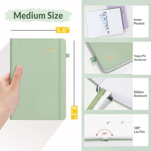 SUNEE 2026 Weekly & Monthly Hardcover Planner 5.5" x 8.3" - 12 Month (January 2026 - December 2026), Small Hardcover Planner, Pocket, Notes, 100 GSM Paper, Sage Green 5