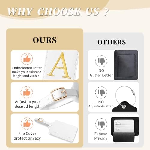 Personalized Initial Luggage Tags for Suitcase TSA Approved, White Leather Cute Luggage Tag with Privacy Cover Name Card, Embroidered Custom Luggage Tags Travel Baggage Tags Gifts for Women Kids(A) 8