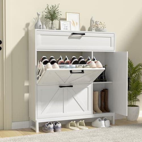 Betterhood Shoe Cabinet for Entryway with 2 Flip Drawers, Slim Freestanding Shoe Rack Organizer, Entryway Shoe Cabinet with Open Storage for Foyer and Hallway, White