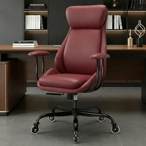 E-Motie Office Chair, Leather Desk Chair with Rubber Wheels, Ergonomic Computer Chair 500 LBS with Lumbar Support, High Back Executive Chair for Modern Home Office, Red