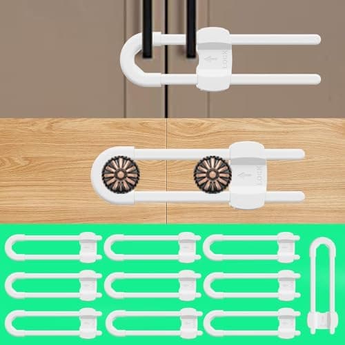 (10 pack white) 4 button Cabinet Locks, U-Shaped Proofing Drawers Safety Child Locks Adjustable, for Wardrobe,Kitchen,Bathroom,Drawer,Fridge,Cupboard Doors Knobs & Handles 6