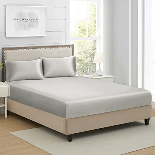 Full Silk Satin Fitted Sheet, Soft Deep Pocket Single Bottom Bed Sheets Sold Separately, Wrinkle Free, Non- Fading, Breathable, Fully Elasticized(Full Size, Light Gray)