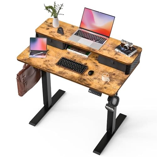 FiCiHi 35x20 Inch Standing Desk with Drawers, C-Clamp Mount Compatible, Electric Adjustable Height Computer Small Stand Up Desks, Home Office Sit Stand Table with 3 Preset Heights, Rustic Brown