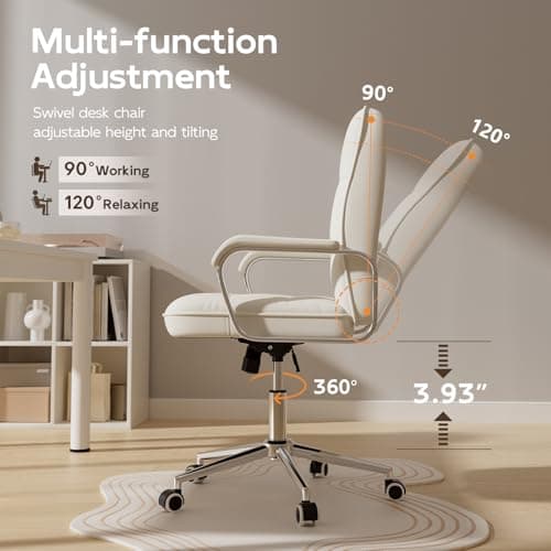 HomeZeer White Office Chair with Soft Leather, Swivel Computer Home Office Desk Chair with Wheels and Padded Arms, Adjustable Height and Tilt 6