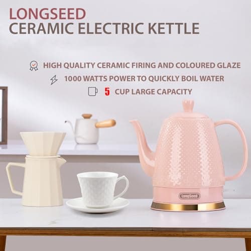 LONGSEED 1.2 Liters Ceramic Electric Kettle Pot, Boil Water Quickly and Easily with Boil-Dry Protection, Auto Shut Off, Detachable Swivel Base, Graceful Gooseneck Teapot 1000W, Pink 9