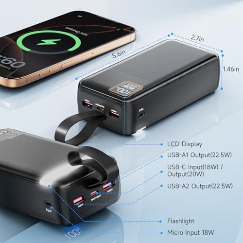 EnergyQC 42000mAh Portable Charger, 22.5W Power Bank with LED Flashlight - USB C Fast Charging External Battery Pack, LED Display Portable Phone Charger for iPhone 17/16/15/14, Android, Samsung,etc 5