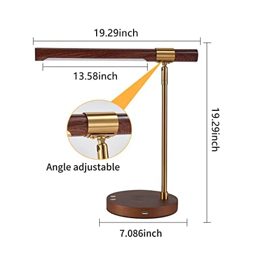 Myhaptim LED Wood Grain Desk Lamp with Wireless Charger, Desk Lamps for Home Office with USB Charging Port, Touch Control Desk Light Adjustable, Eye-Caring Office Lamp with Night Light 7