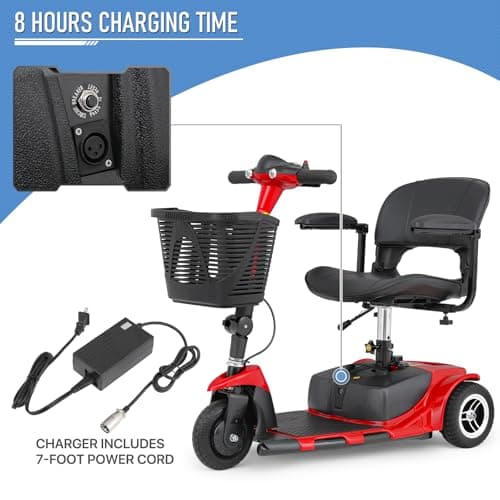 monicare 3-Wheel Folding Mobility Scooter for Adults 12-Mile Long Range Foldable Heavy-Duty Mobility Scooter for Seniors with Basket (Red) 16
