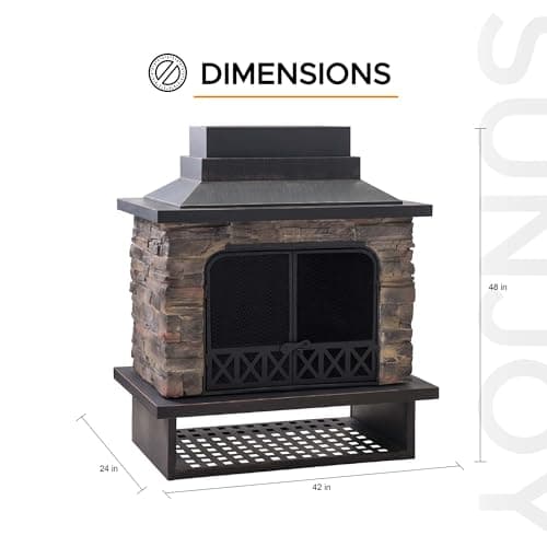 Sunjoy Outdoor Fireplace, Heavy Duty Patio Wood Burning Fireplace with Steel Chimney, Mesh Spark Screen Doors, Removable Grate and Fire Poker, Black 9