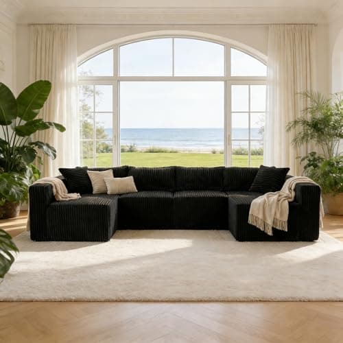 Claiks 128" Modular U Shaped Sectional Couch, Deep Seat Bonless Couches for Living Room, Modern Couch with 6 Pillows, No Assembly Required, Black