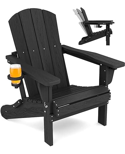 SERWALL Folding Adirondack Chair, Adirondack Outdoor Chair with Cup Holder, Adjustable Adirondack Chair with 3 Recline Positions, All Weather HDPE Outdoor Adirondack, Black