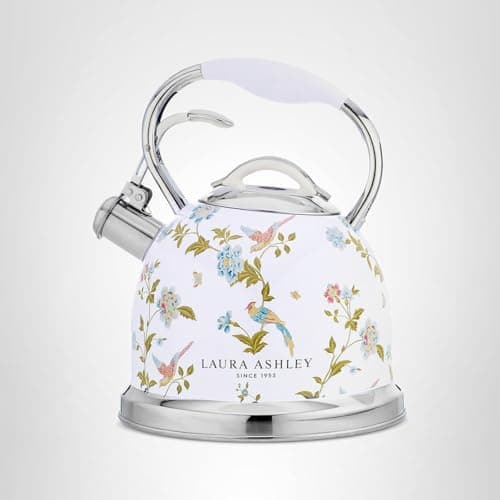 VQ Laura Ashley Elveden White 3L Stainless Steel Tea Kettle Stovetop Whistling Teapot for Induction, Gas Hob or others. Silicon Coated Cool Handle & Push Button Mechanism Vintage Stove Top Kettle 8