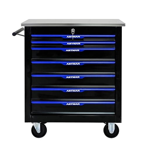 RYH 4/5/6/7 Drawers Rolling Tool Chest -Heavy Duty Mobile Metal Tool Box with Locking Wheels, with Stainless Steel Worktop, Garage Tool Storage Cabinet (Black-Blue, 7-Drawers 30.7" H×25.9" W)