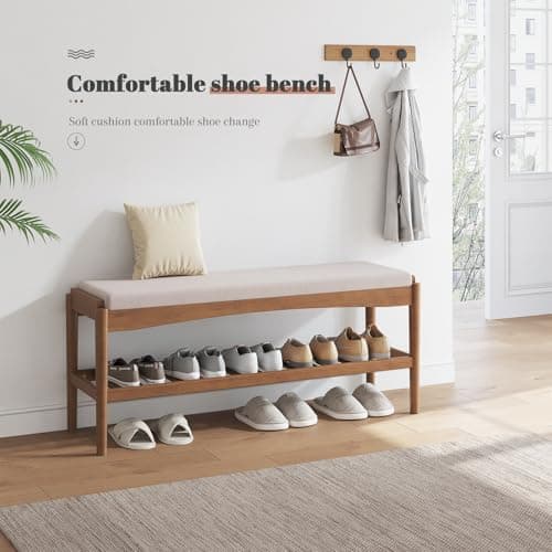 STDDRE Shoe Bench Entryway Bamboo 2-Tier Shoe Rack with Cushion Padded Seat Shoe Bench Organizer Stable for Entry, Hallway, Living Room, Bedroom, Closet (39.4 * 11.4 * 16.5IN, Brown-Beige) 5