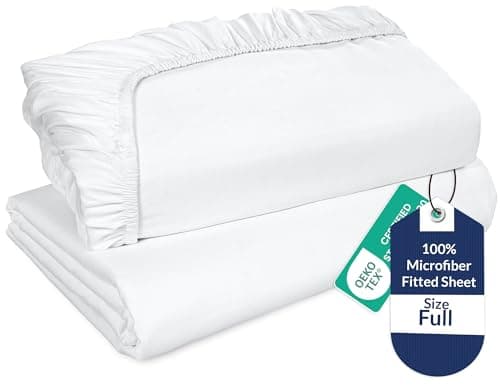 Royale Linens 2 Pack Fitted Sheet - Elastic Sheets - Full Fitted Sheet Only - Soft & Breathable - Brushed 1800 Microfiber - Stain Resistant- Hotel Quality Deep Pocket Stretches Up to 16" (Full, White)